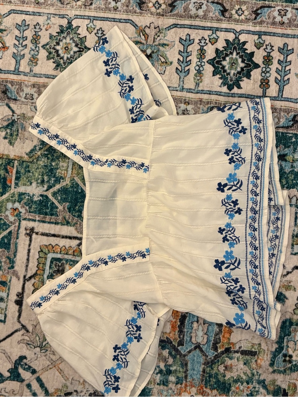 Old Navy White Off-Shoulder Tunic with Blue Floral Embroidery